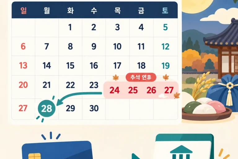 2026년 9월 달력에서 추석 연휴 24일부터 27일과 카드대금 출금일 28일을 연결한 일러스트