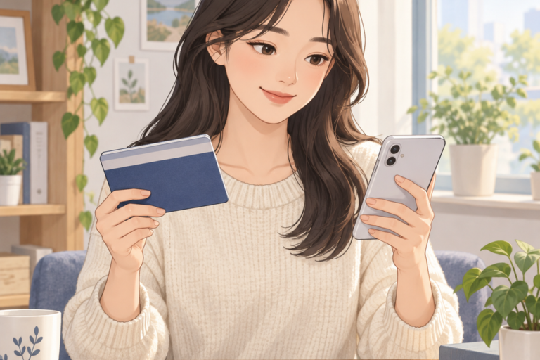 오래된 통장과 휴대전화를 확인하는 사람의 일러스트