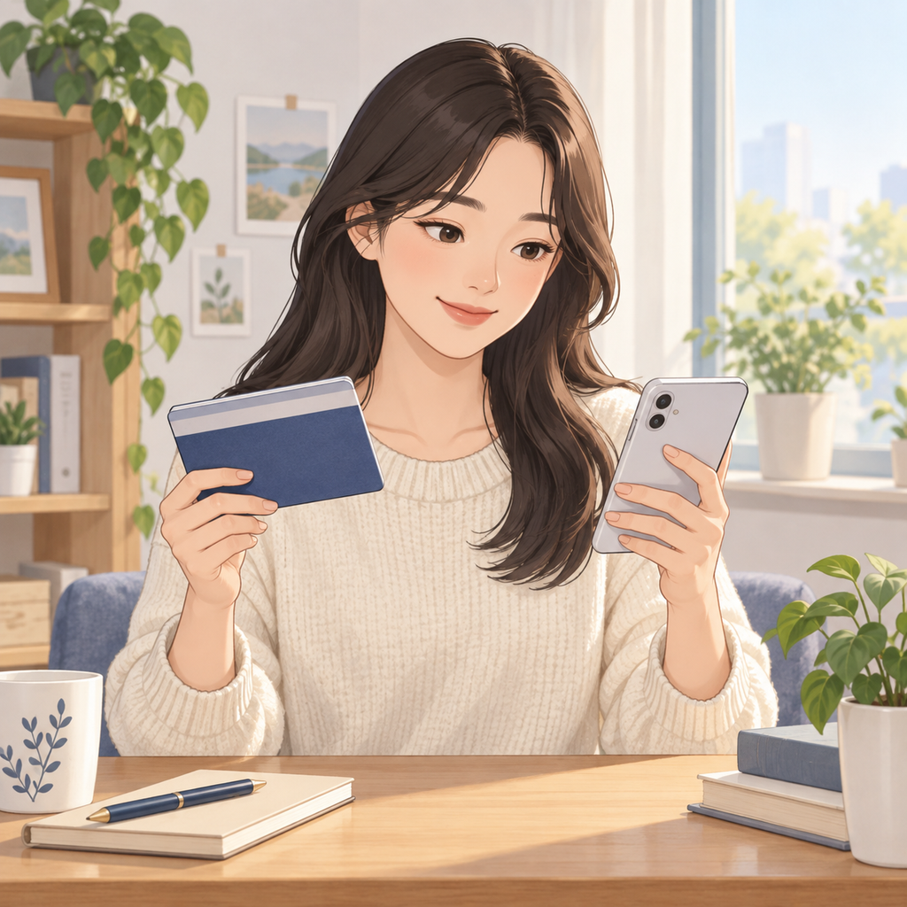 오래된 통장과 휴대전화를 확인하는 사람의 일러스트
