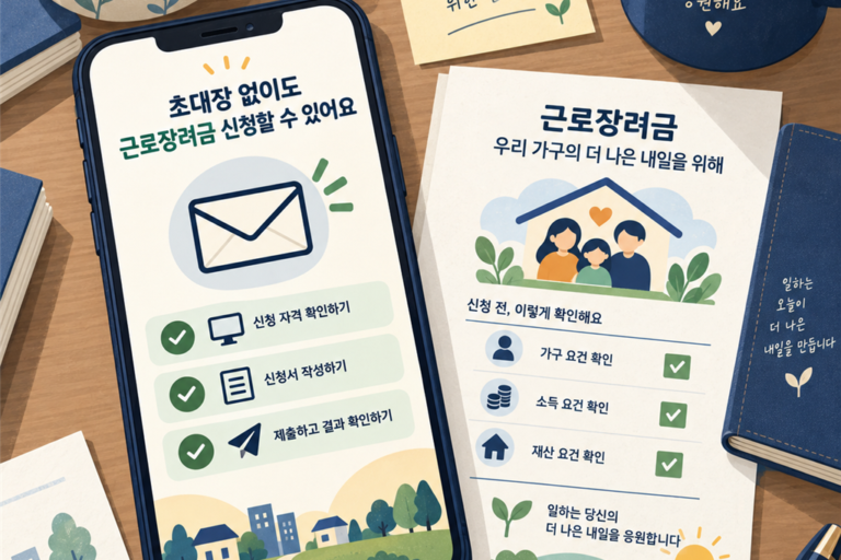 신청 절차가 표시된 스마트폰과 가구·소득·재산 확인 체크리스트 일러스트