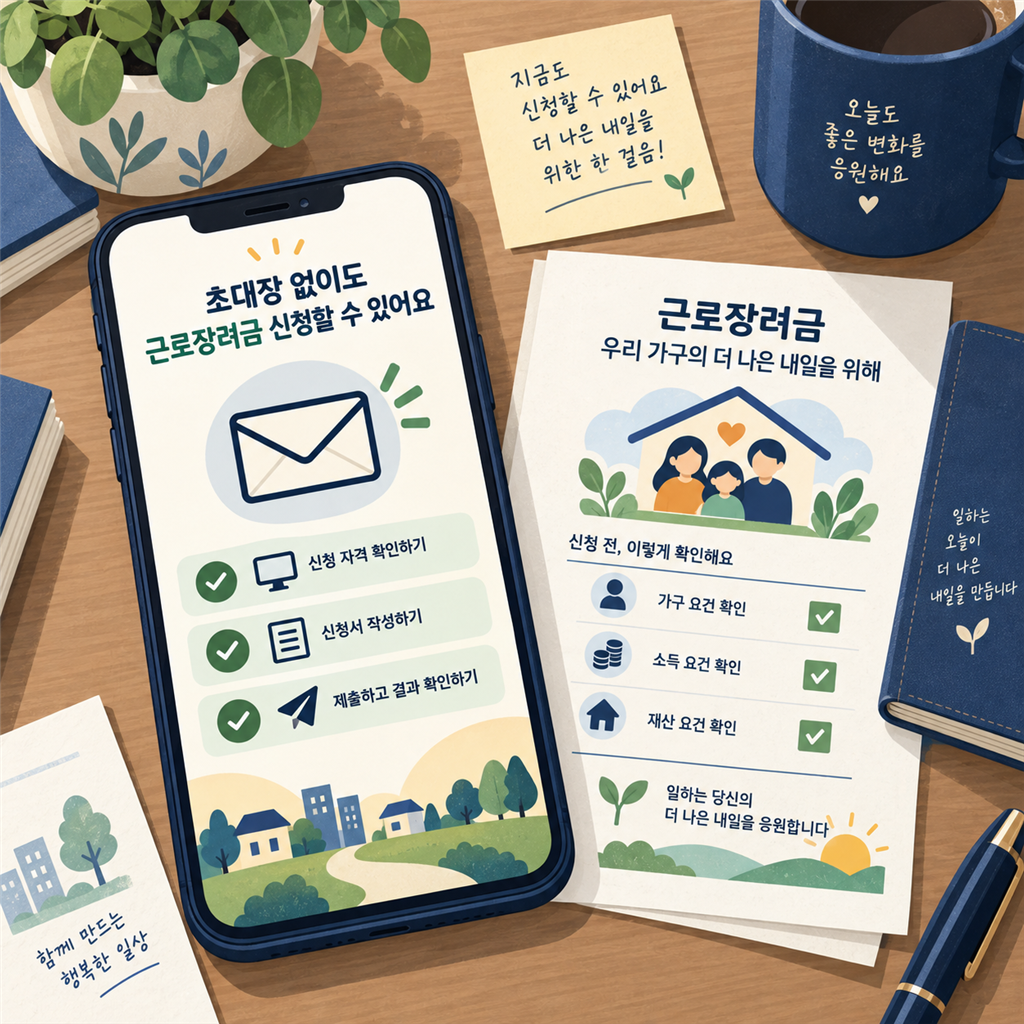 신청 절차가 표시된 스마트폰과 가구·소득·재산 확인 체크리스트 일러스트