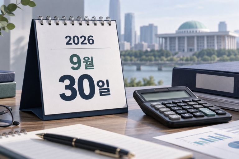 2026년 9월 세무 일정과 9월 30일을 표시한 달력, 계산기와 서류