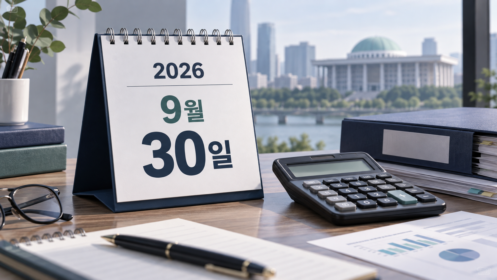 2026년 9월 세무 일정과 9월 30일을 표시한 달력, 계산기와 서류