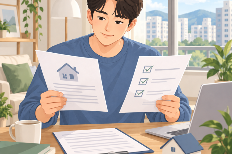 전세계약서와 주택 조건 확인표를 비교하는 임차인 일러스트