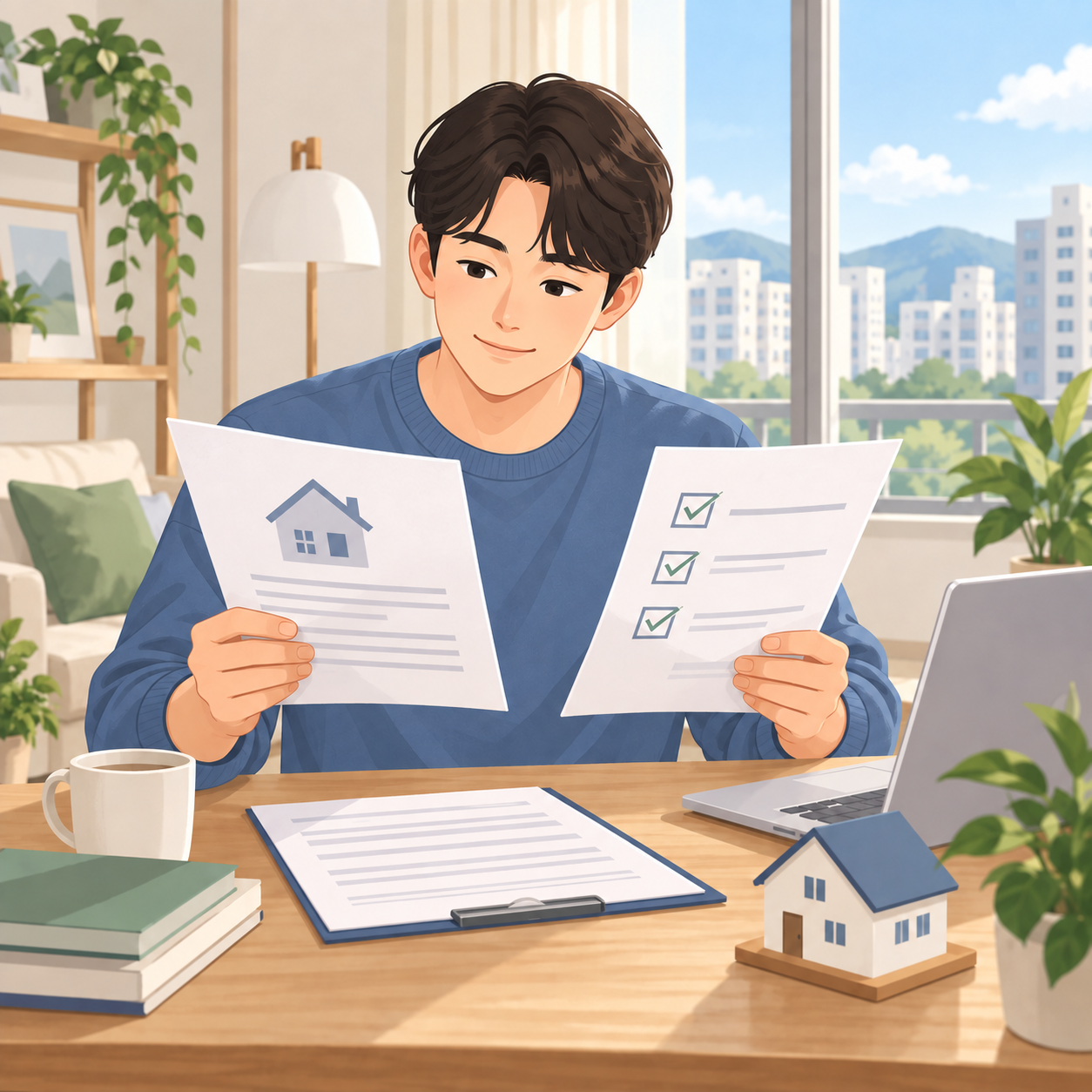 전세계약서와 주택 조건 확인표를 비교하는 임차인 일러스트