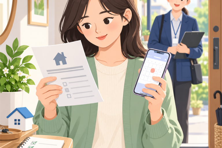 집 현관에서 주민이 집 모양이 있는 안내문과 스마트폰 달력을 확인하고, 방문 조사원이 문밖에 서 있는 일러스트