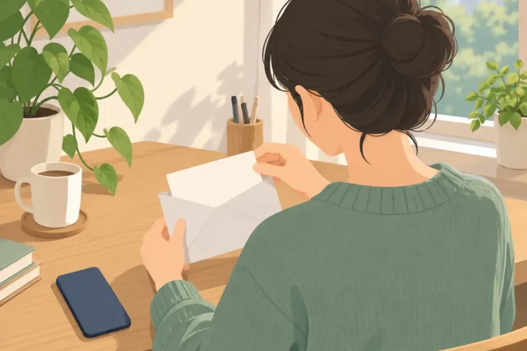집에서 봉투와 휴대전화를 정리하며 복지 안내 수신 상태를 확인하는 생활 의사결정 장면의 2D 편집 일러스트