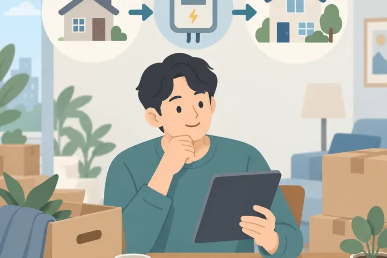 이사한 집의 전기사용 정보와 복지할인 연결 상태를 확인하는 사람의 2D 일러스트