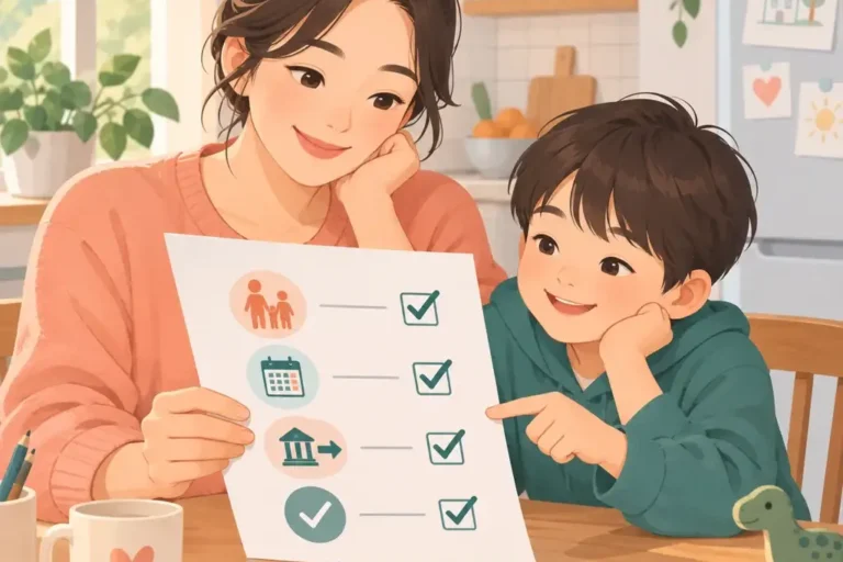 한부모와 아이가 양육비 신청 체크리스트 확인하는 일러스트