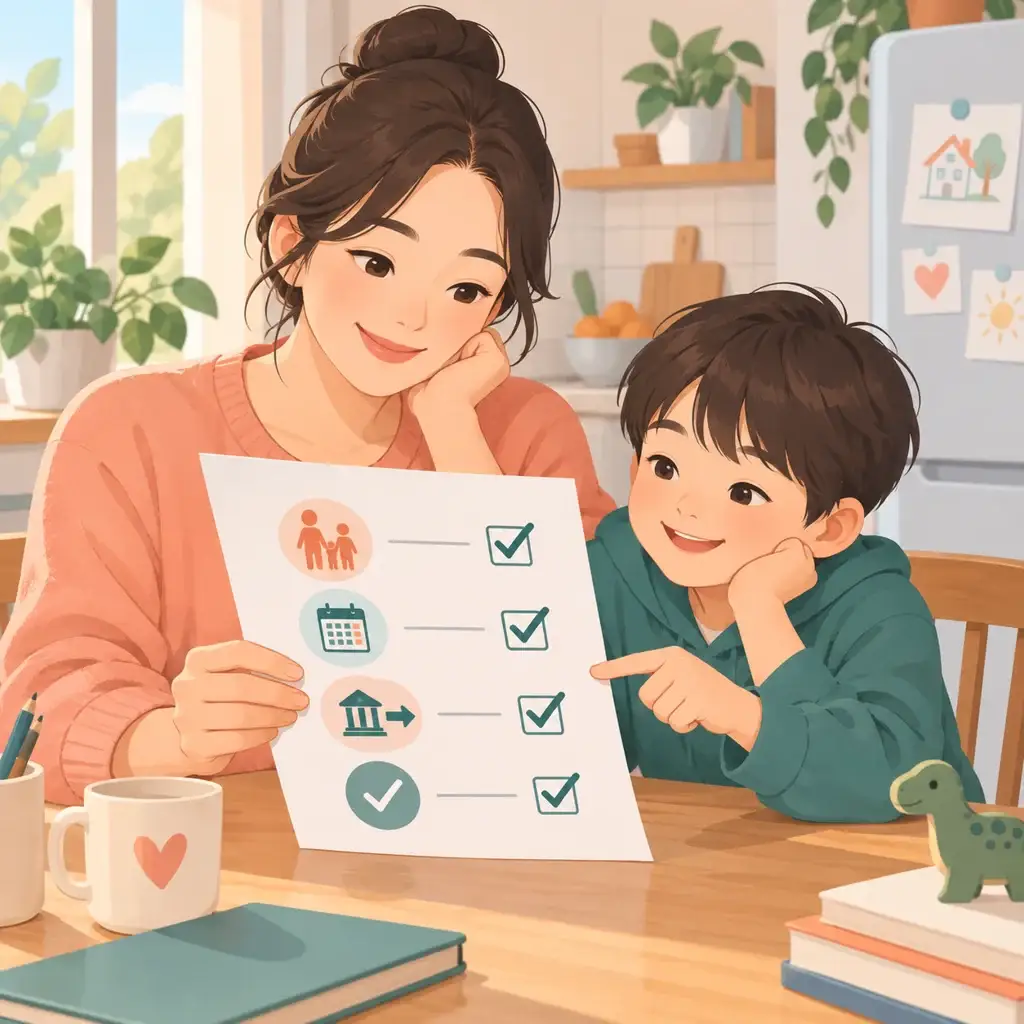 한부모와 아이가 양육비 신청 체크리스트 확인하는 일러스트
