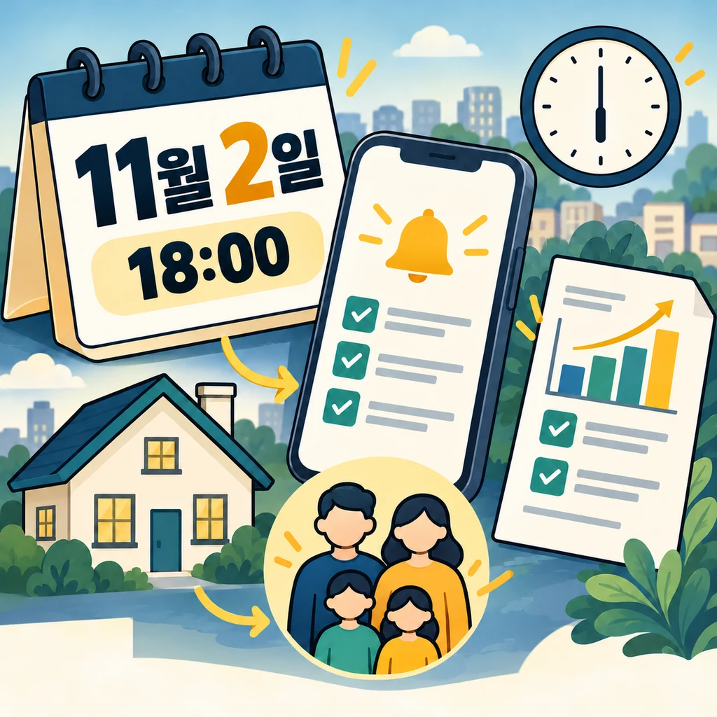 11월 2일 오후 6시 마감과 소득·가구·주거 변동 증빙 확인을 표현한 개념 일러스트