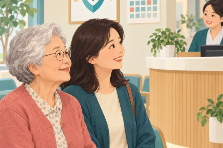 독감 무료접종 안내를 확인하기 위해 동네 의료기관 접수 공간에 방문한 어르신과 보호자 일러스트