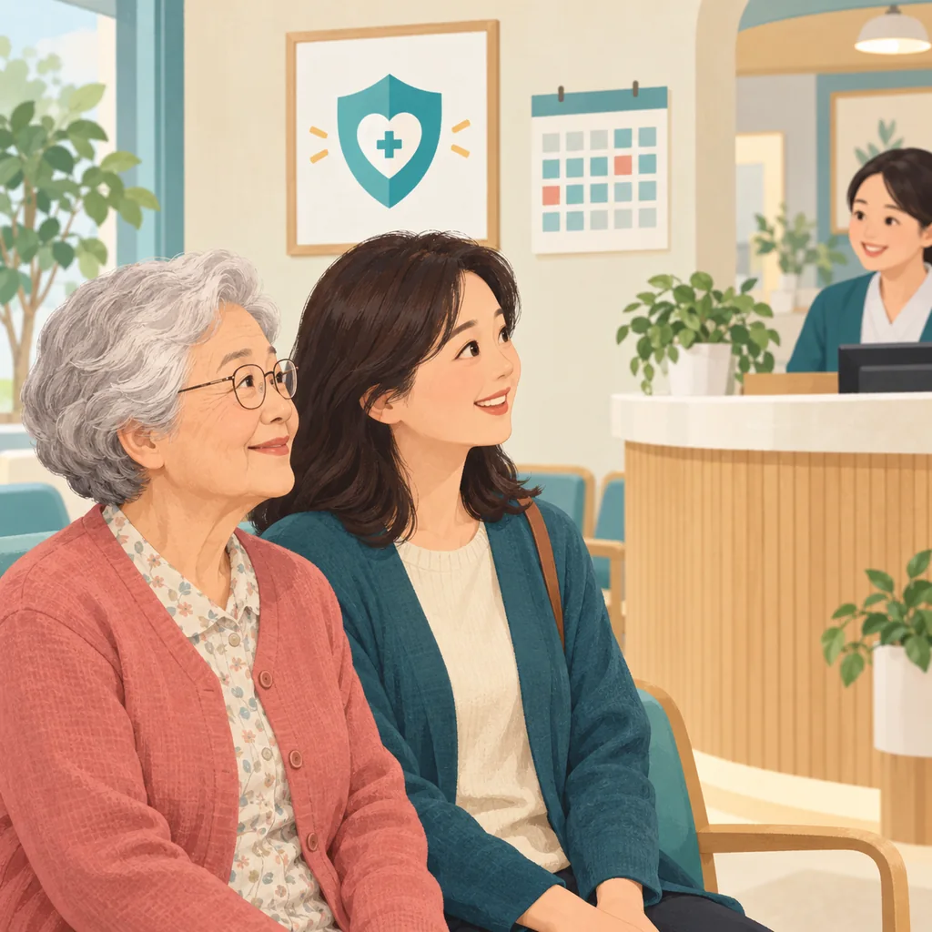 독감 무료접종 안내를 확인하기 위해 동네 의료기관 접수 공간에 방문한 어르신과 보호자 일러스트