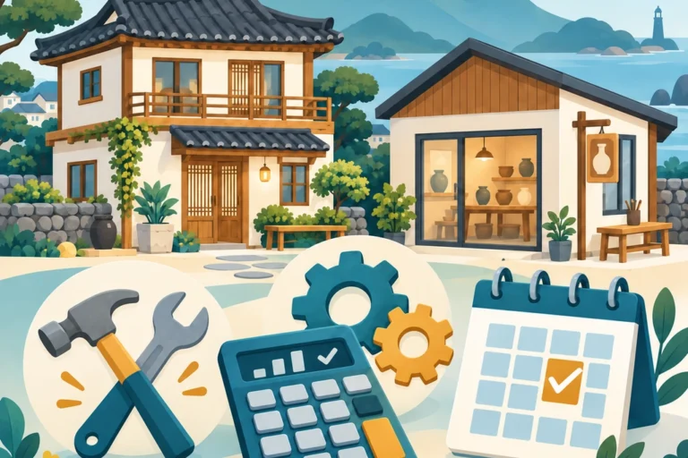 관광 숙박·체험 시설과 보수 도구, 운영비 계산기, 신청 확인 달력을 표현한 일러스트