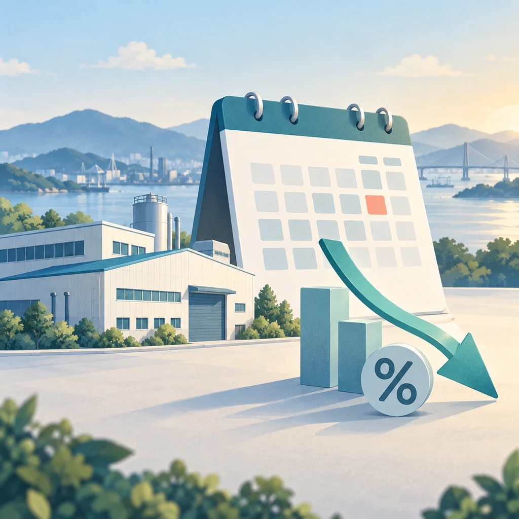 경남 중소기업 특별자금 신청과 대출이자 지원을 표현한 공장·달력 일러스트