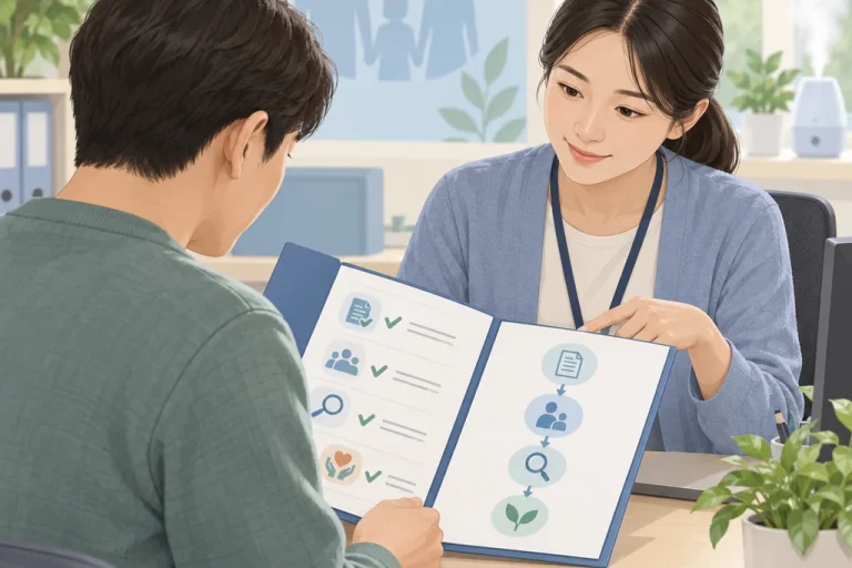 공공 지원 창구에서 배상 신청 절차와 서류를 확인하는 가족의 콘셉트 일러스트