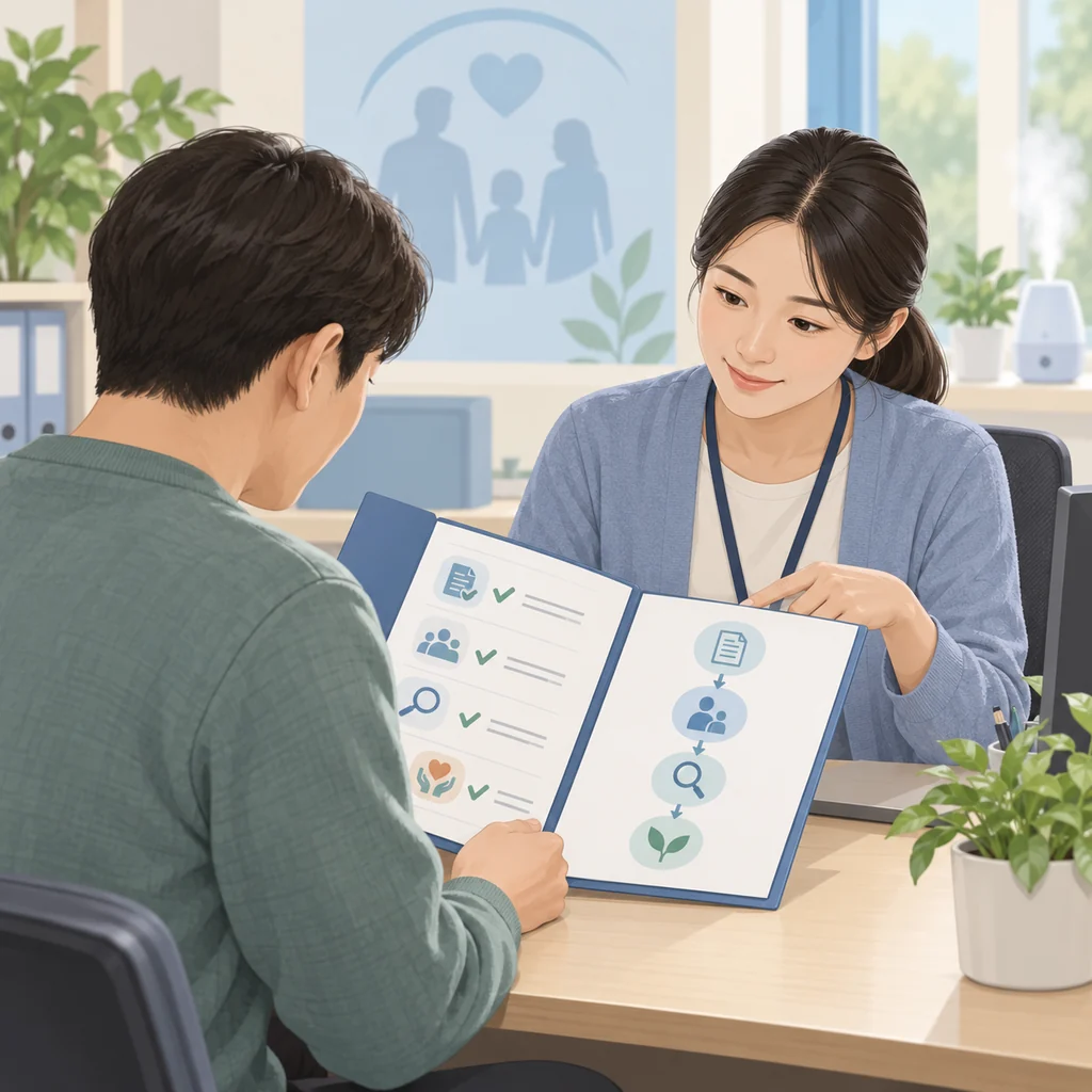 공공 지원 창구에서 배상 신청 절차와 서류를 확인하는 가족의 콘셉트 일러스트