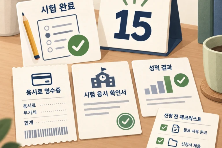시험 완료 표시와 응시료 영수증·응시확인서·성적표, 15일 달력과 신청 체크리스트를 배치한 일러스트