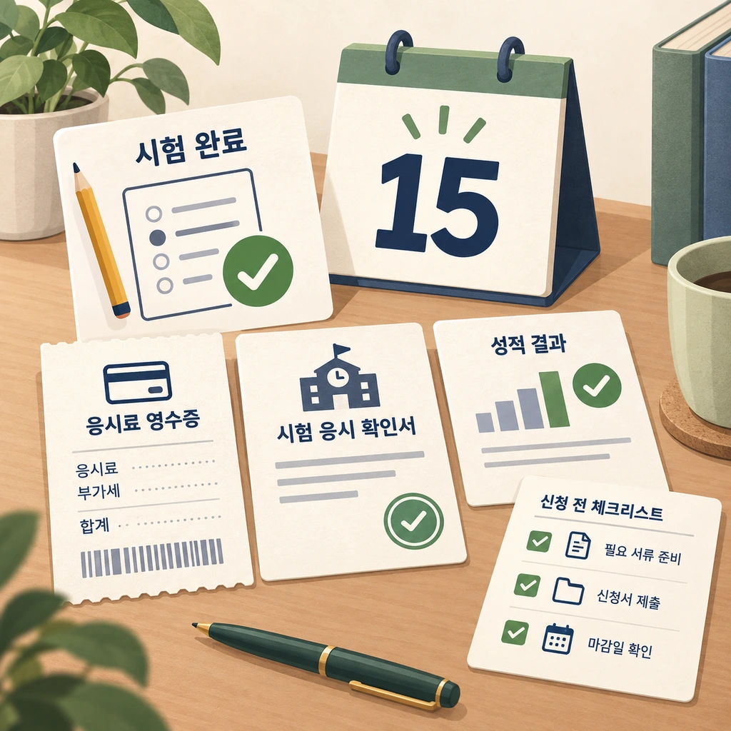 시험 완료 표시와 응시료 영수증·응시확인서·성적표, 15일 달력과 신청 체크리스트를 배치한 일러스트